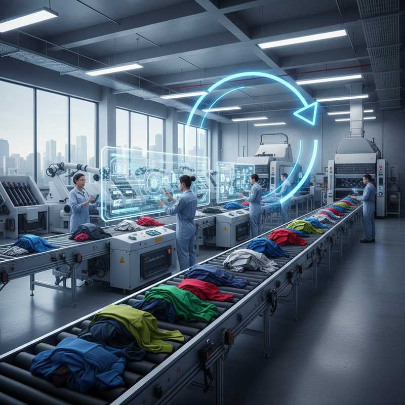 Modern textielsorteercentrum met transportbanden vol onverkochte kleding en digitale sorteertechnologie