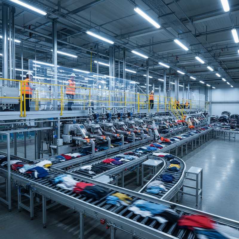 Moderne textielsorteerinstallatie met optische sorteerapparatuur en digitale monitorsystemen voor circulaire textielverwerking