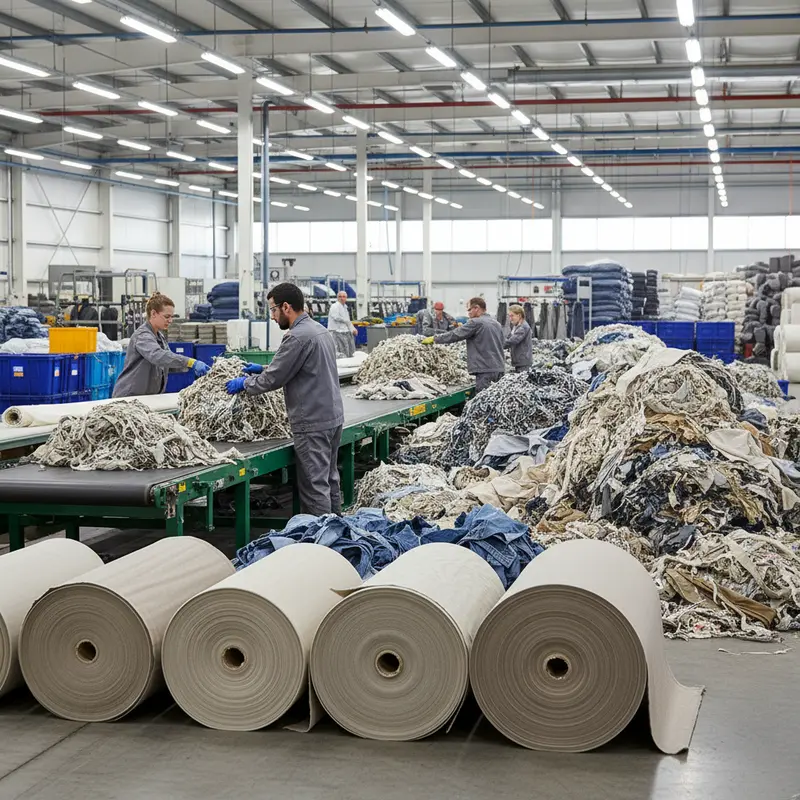 Ongeverfde beige en ecru denim stofrollen en textielvezels in industriële sorteerruimte voor textielrecycling