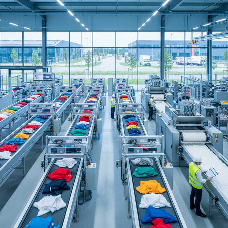 Moderne textielrecyclingfabriek met transportbanden vol gekleurde polyesterstoffen en geautomatiseerde sorteerapparatuur