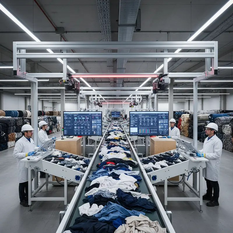 Moderne textielrecyclingfabriek met geautomatiseerde sorteerlijnen en infraroodzensoren die textielvezels scheiden