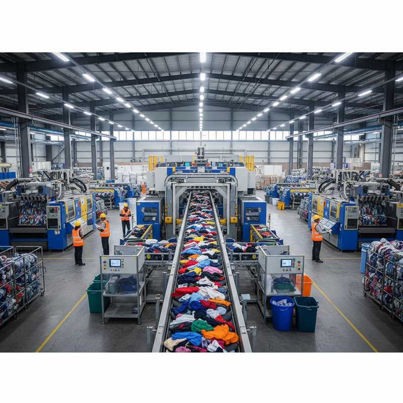 Moderne textielsorteerhal met geautomatiseerde sorteerbanden en medewerkers die textielafval verwerken