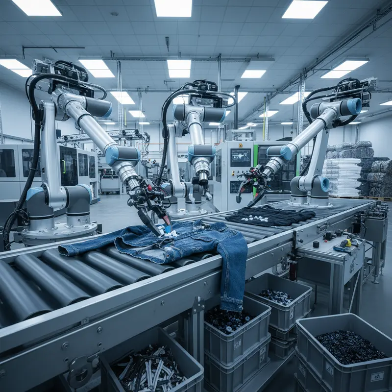 Robotarm demonteert kledingstuk op transportband in moderne textielrecyclingfaciliteit
