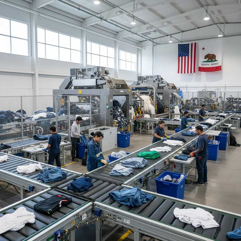 Modern textielsorteercentrum in Californië met geautomatiseerde sorteerlijnen en medewerkers die kleding verwerken