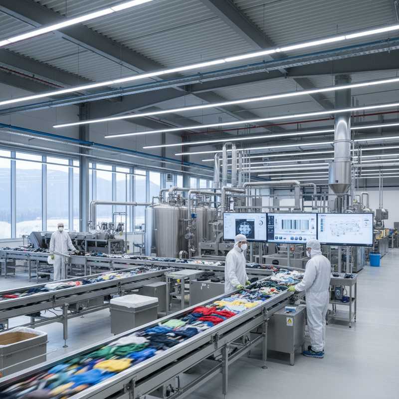 Modern textielrecycling fabriek interieur met geautomatiseerde sorteerinstallaties en vezelverwerking apparatuur