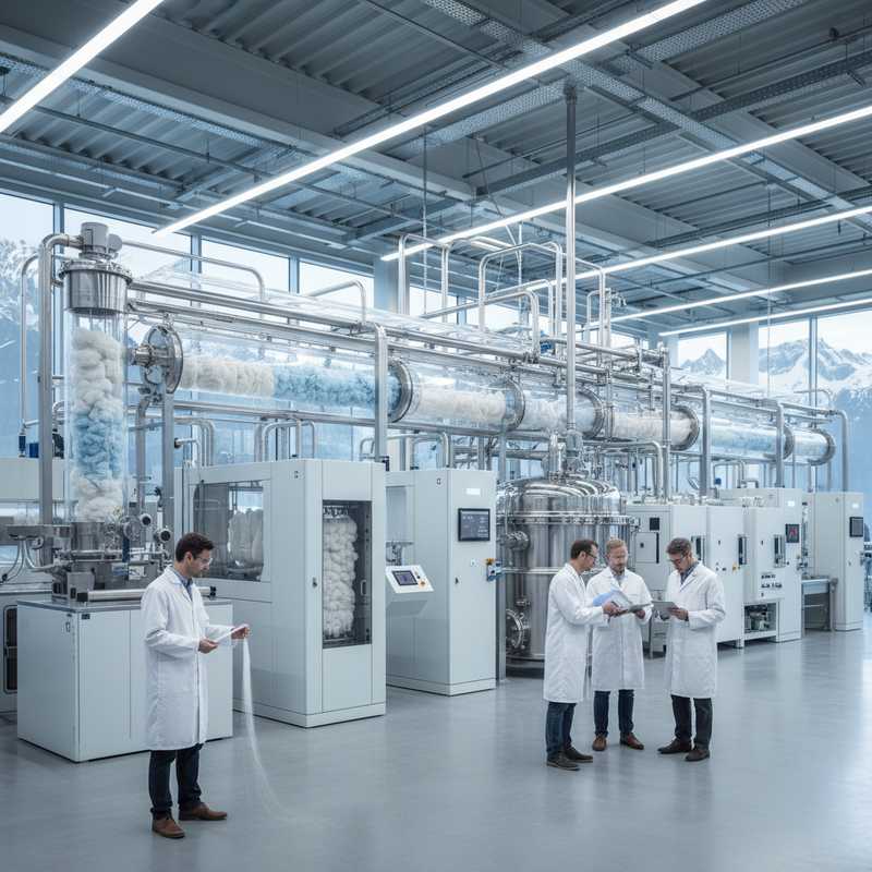 Moderne chemische textielrecyclingfabriek met verwerkingsapparatuur en wetenschappers die vezels onderzoeken