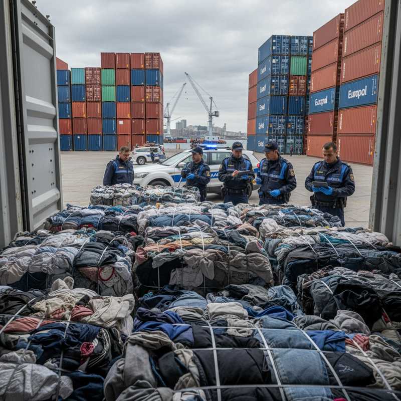 Douanebeambten inspecteren containers met geperste textielbalen in een haven tijdens Europol-operatie tegen illegale afvalstromen