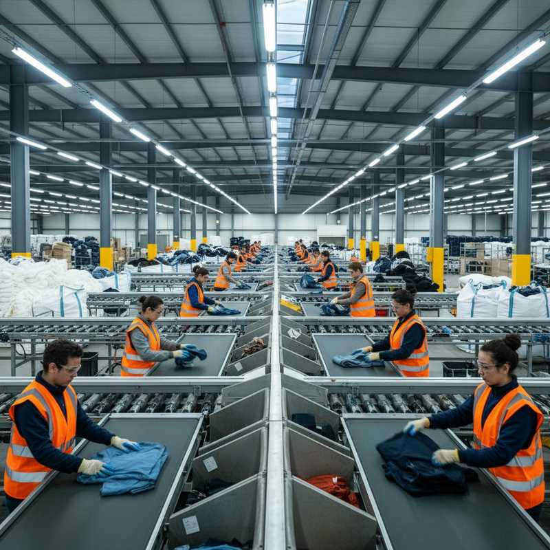 Medewerkers sorteren textiel in een moderne verwerkingsfaciliteit met transportbanden en georganiseerde tekstielhopen