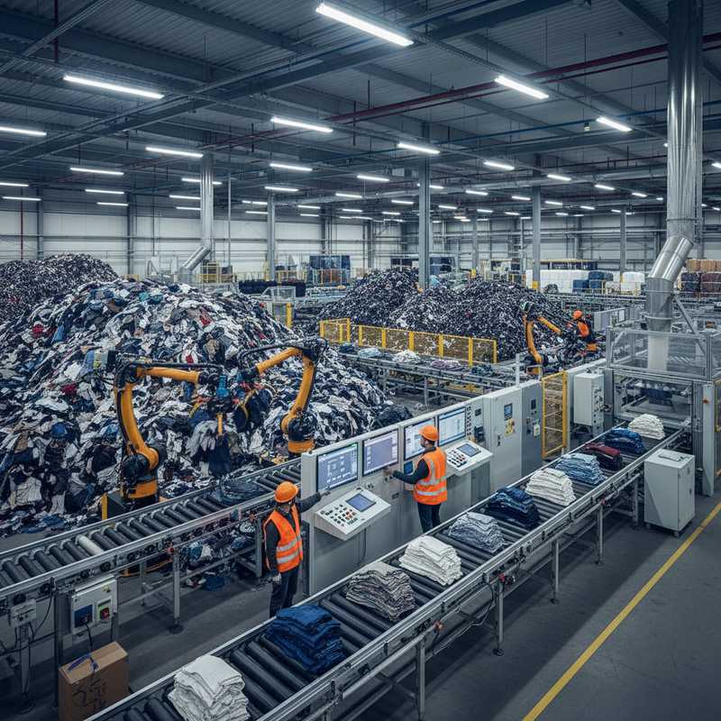 Moderne textielsorteercentrum met geautomatiseerde machines en arbeiders die grote hoeveelheden gebruikte kleding verwerken voor recycling