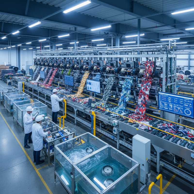 Geautomatiseerde textielsorteerinstallatie met optical sorting machines en microfiberfiltratie in moderne recyclingfaciliteit