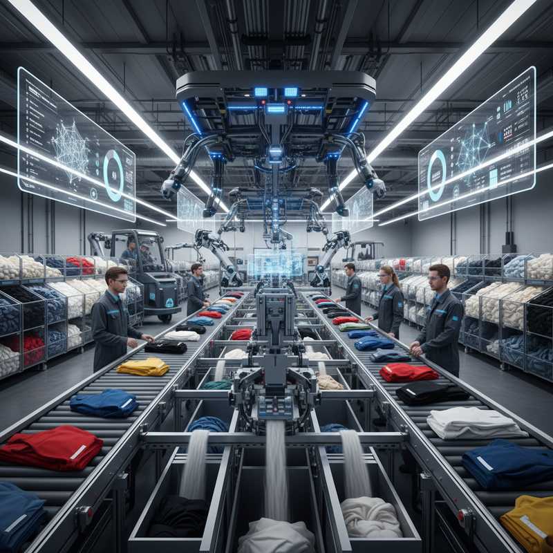 Modern textielsorteerfaciliteit met geautomatiseerde transportbanden vol kleding en AI-sensoren boven de sorteerlijnen