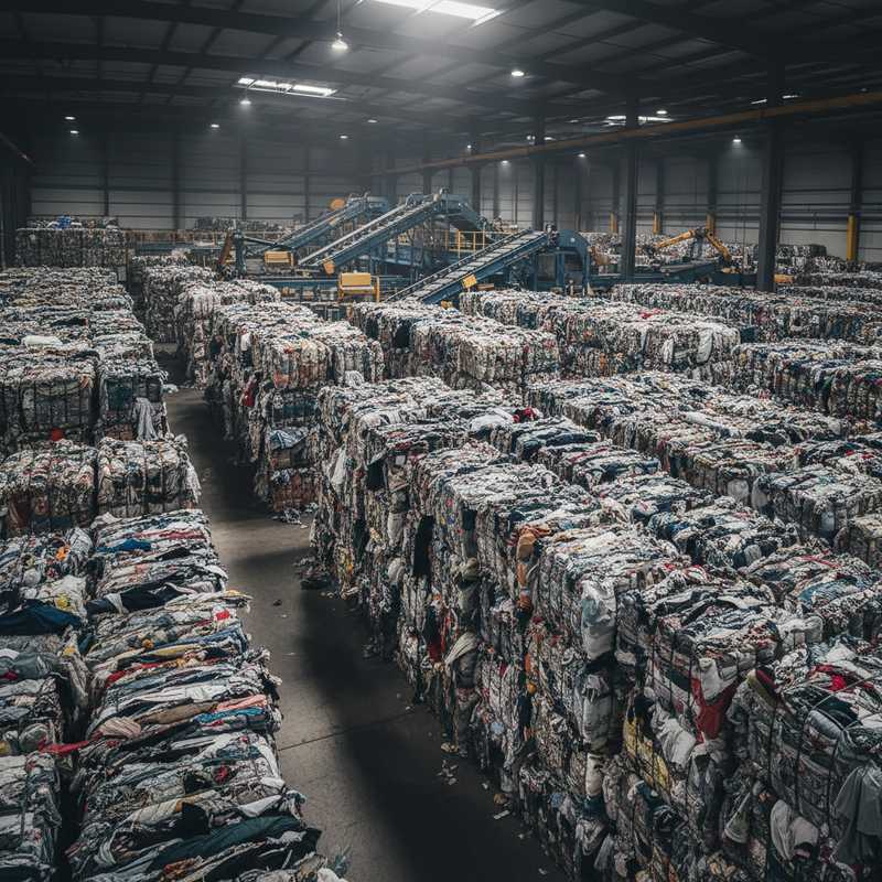 Industriële opslaghal vol met geperste balen textielafval en gebruikte kleding, symboliserend de textielafvalcrisis in Europa