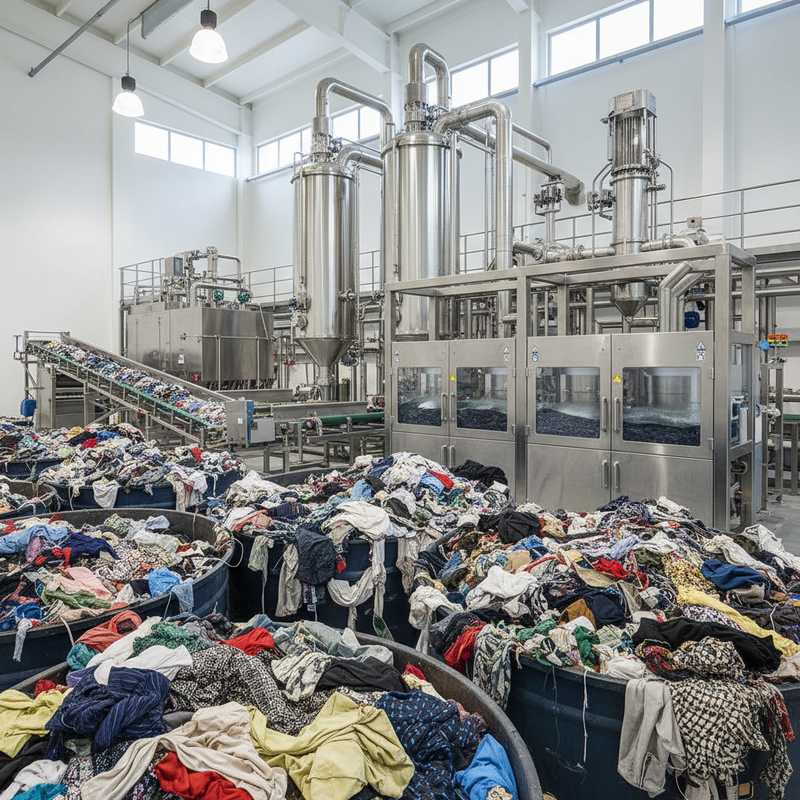 Industriële textielrecyclingfaciliteit met containers vol gemengd kledingtextiel en moderne verwerkingsapparatuur