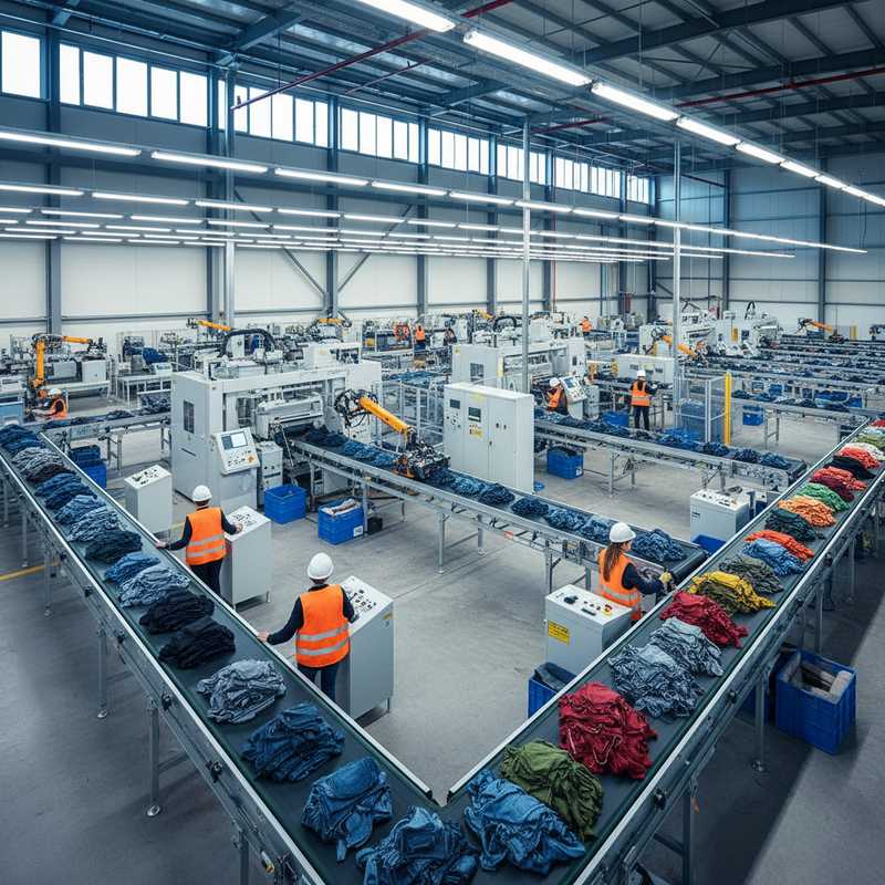 Modern textielsorteercentrum met geautomatiseerde sorteerbanden en medewerkers die textielafval verwerken