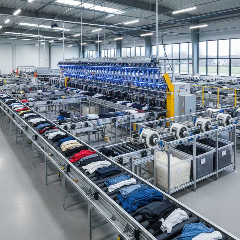Industriële textielsorteerfaciliteit met transportbanden en geavanceerde scanapparatuur voor recycling van gebruikt textiel