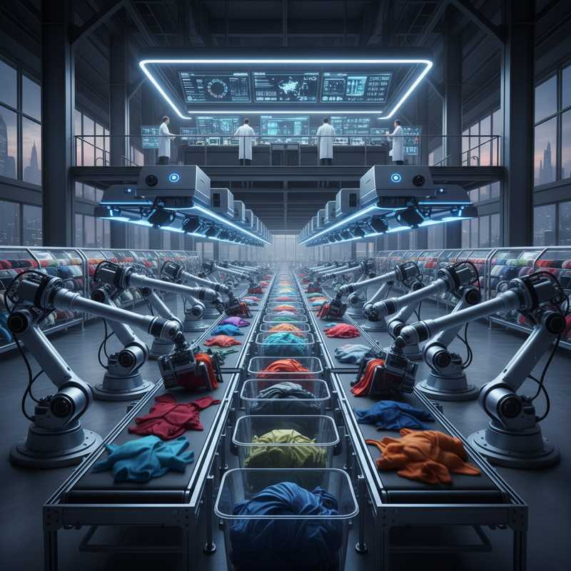 Moderne textielsorteerfaciliteit met geautomatiseerde robotarmen en transportbanden die kleurrijk textielafval verwerken
