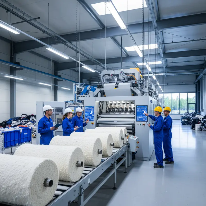 Interieur van moderne textielrecyclingfabriek met geautomatiseerde sorteerapparatuur en productielijn voor gerecyclede cellulosevezels