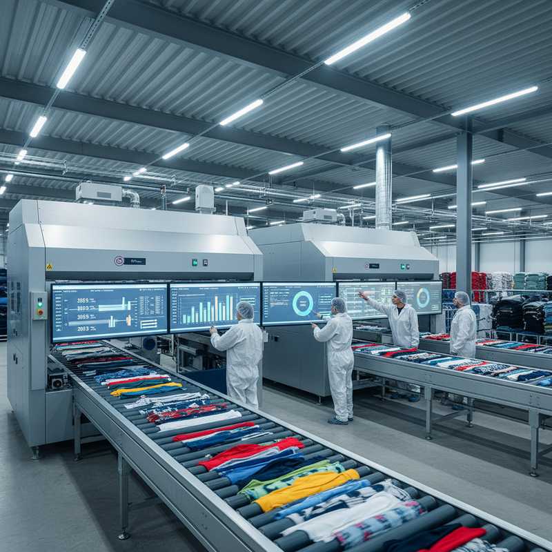 Industriële textielsorteerfaciliteit met NIR-scanners en werkers die vezeltypes monitoren op digitale schermen