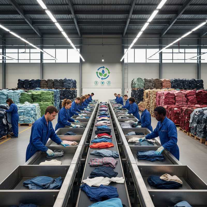 Werknemers sorteren textiel in moderne sorteerinstallatie met transportbanden en georganiseerde textielbalen