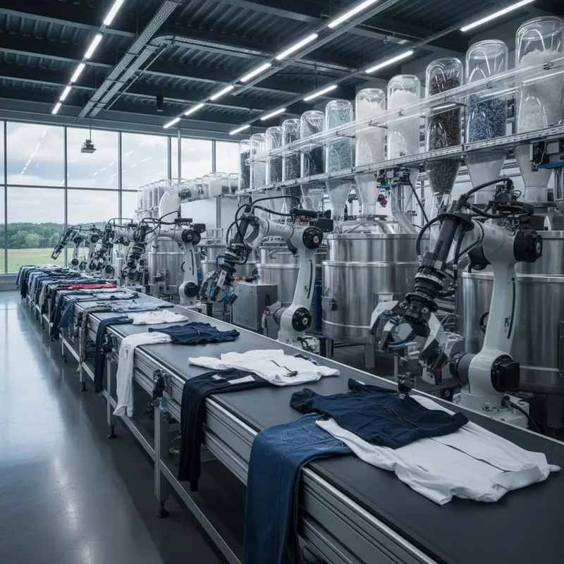 Geautomatiseerd robotsysteem dat kledingstukken demonteert op transportband in textielrecyclingfaciliteit