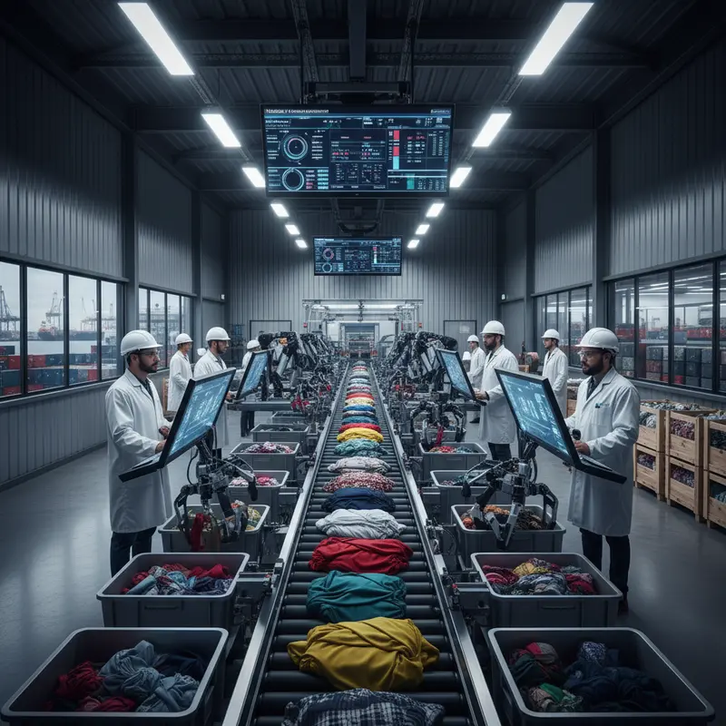 Werknemers bedienen geavanceerde sorteerinstallatie voor textielrecycling met kleurrijk textielafval op transportbanden in moderne faciliteit