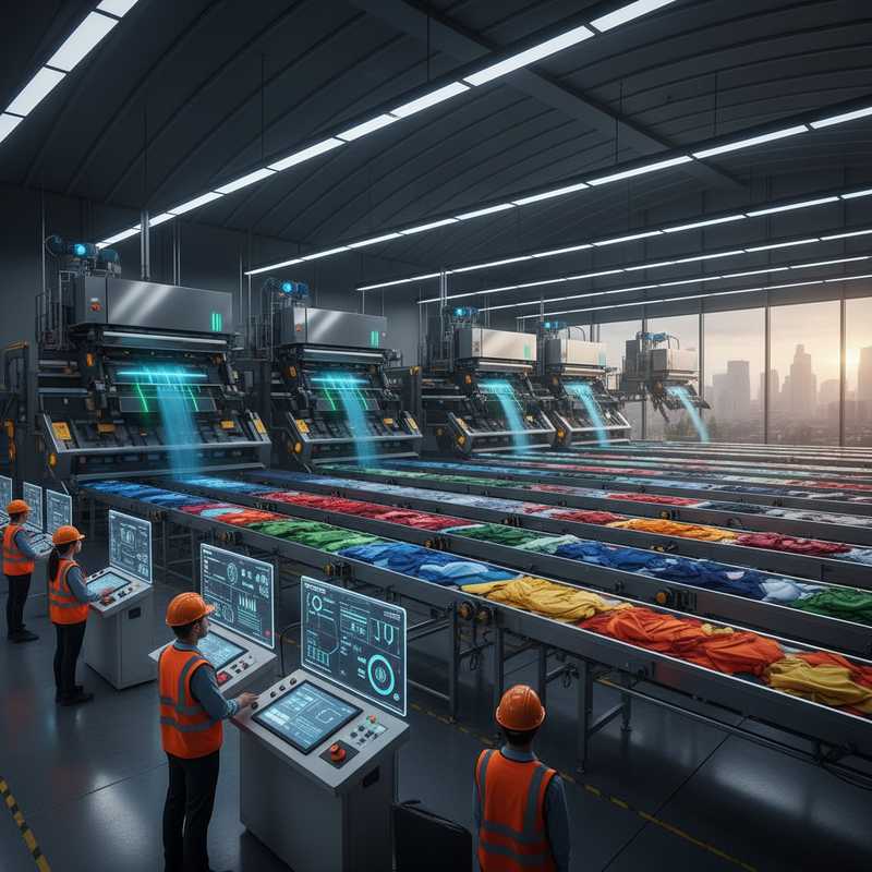 Moderne textielsorteerinstallatie met AI-technologie en werknemers die machines bedienen