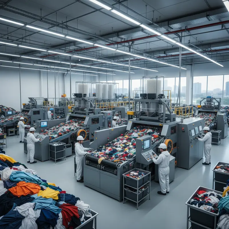 Moderne textielrecyclingfaciliteit met geautomatiseerde sorteermachines die kleurrijk textielafval verwerken tot vezels