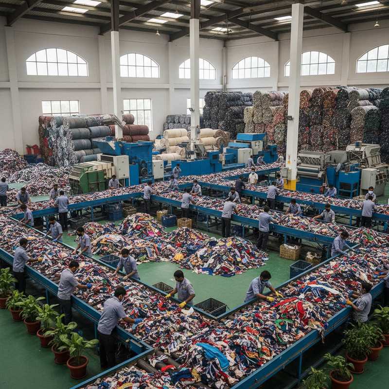 Werkers sorteren textielafval op transportbanden in modern Indiaas recyclingcentrum met balen gerecyclede vezels