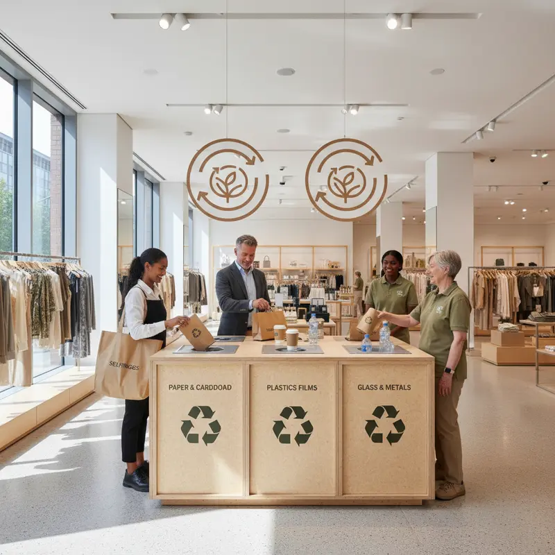 Modern winkelinterieur met gemarkeerd recycling inzamelpunt waar klanten verpakkingen inleveren