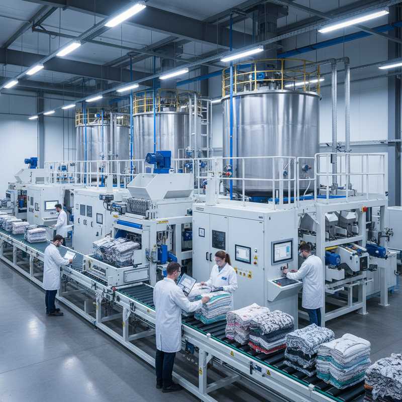 Moderne chemische recyclingfabriek met modulaire apparatuur voor textielverwerking en werknemers die controlepanelen bedienen