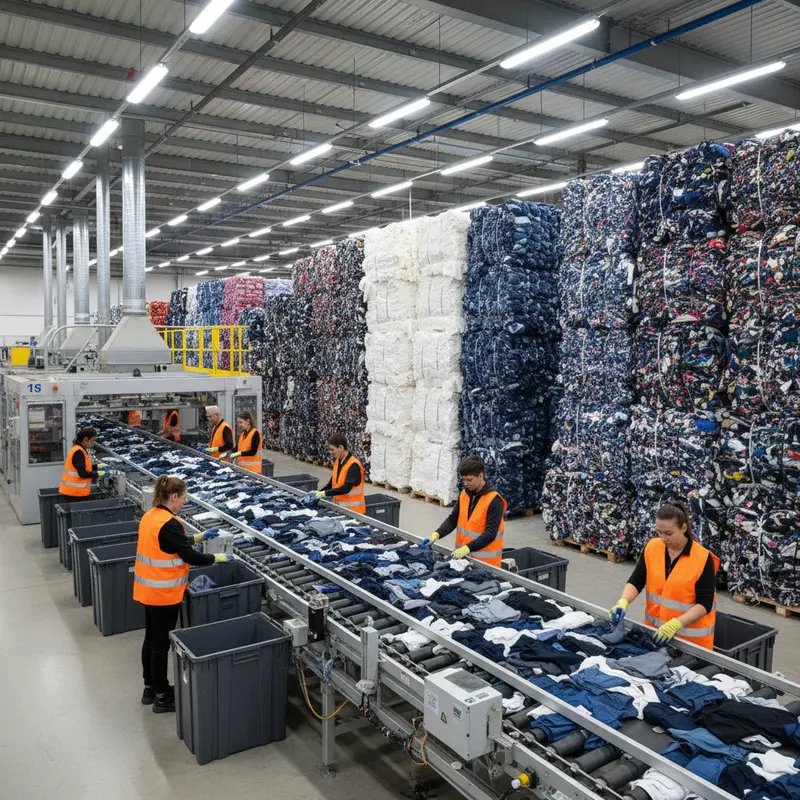 Medewerkers sorteren kleding op transportbanden in een Nederlandse textielrecyclingfaciliteit met gestapelde textielbalen