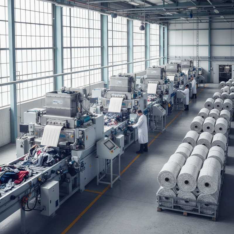 Moderne textielrecyclingfaciliteit in Zweden met machines die textielafval verwerken tot hernieuwbare vezels