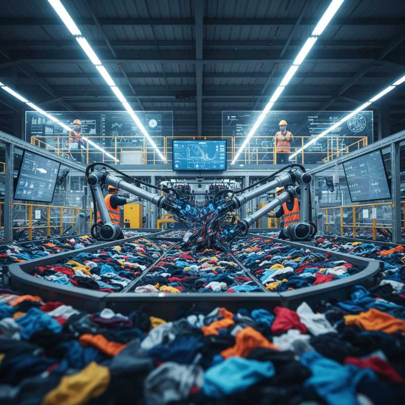 Moderne textielsorteerfaciliteit met geautomatiseerde transportbanden en AI-sorteerrobots die textielafval verwerken, medewerkers monitoren digitale schermen