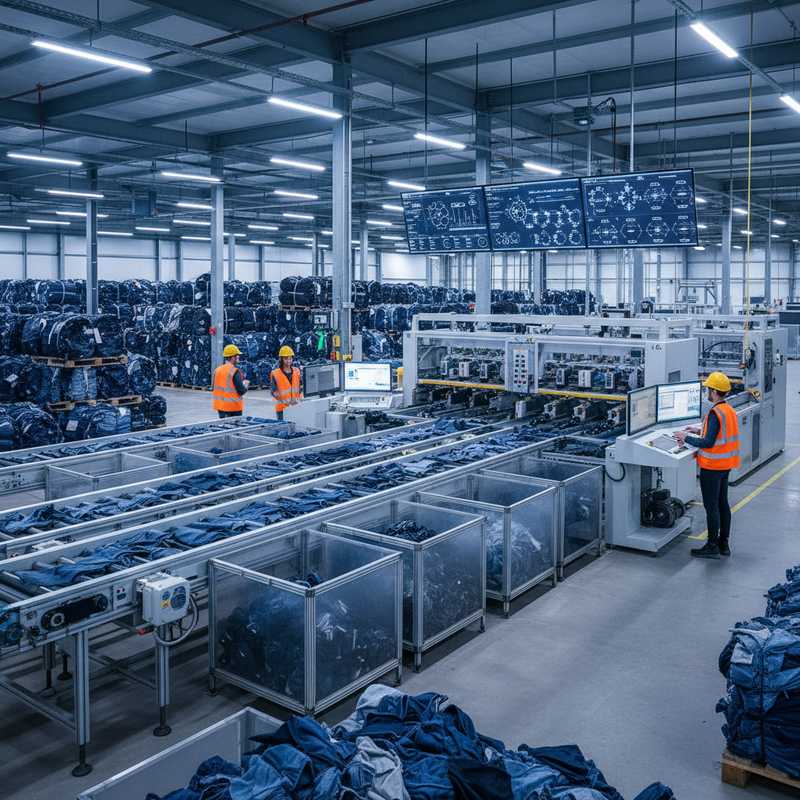 Industriële textielsorteerinstallatie met stapels spijkerbroeken op transportbanden en geautomatiseerde sorteerapparatuur