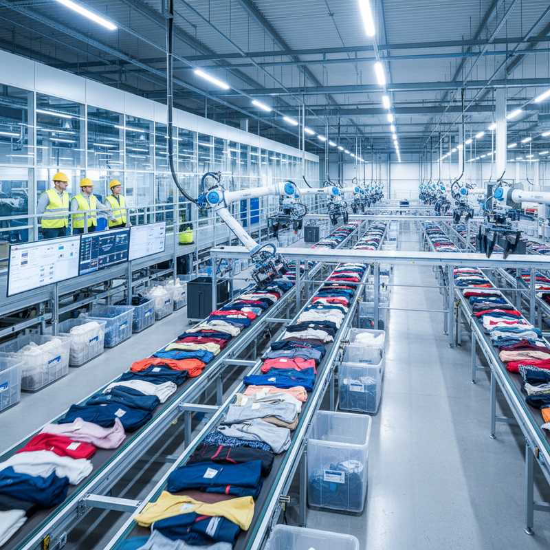 Moderne textielsorteerhal met geautomatiseerde transportbanden en robotarmen die kledingstukken scheiden