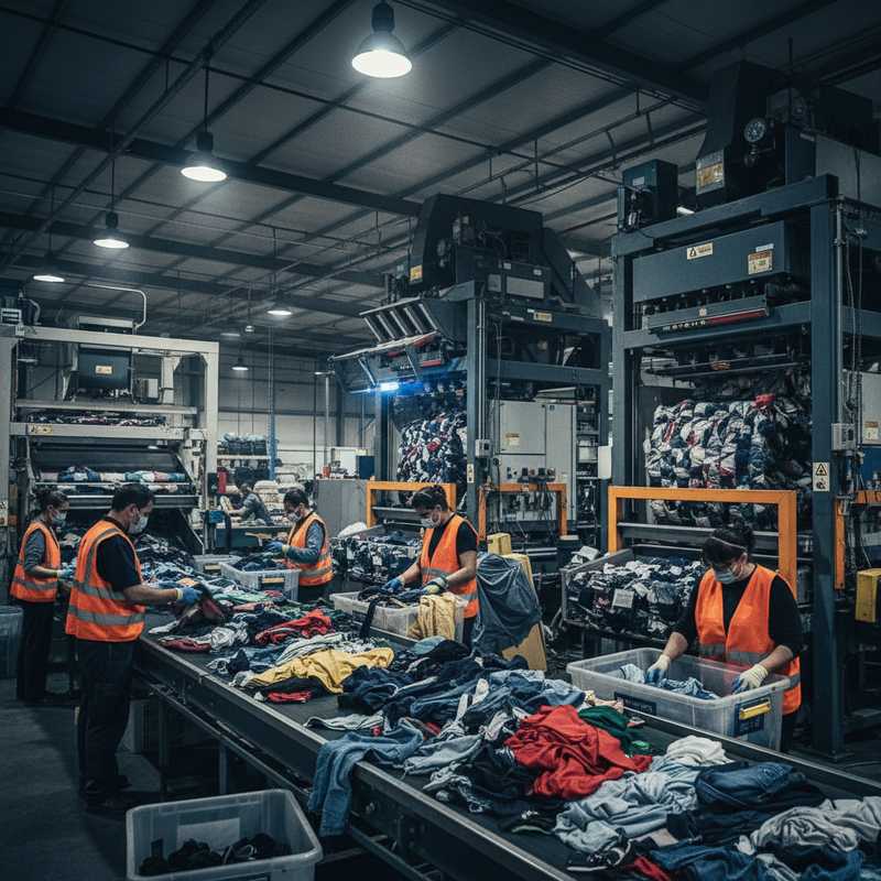 Medewerkers sorteren textielafval in moderne recyclingfaciliteit met transportbanden en industriële apparatuur
