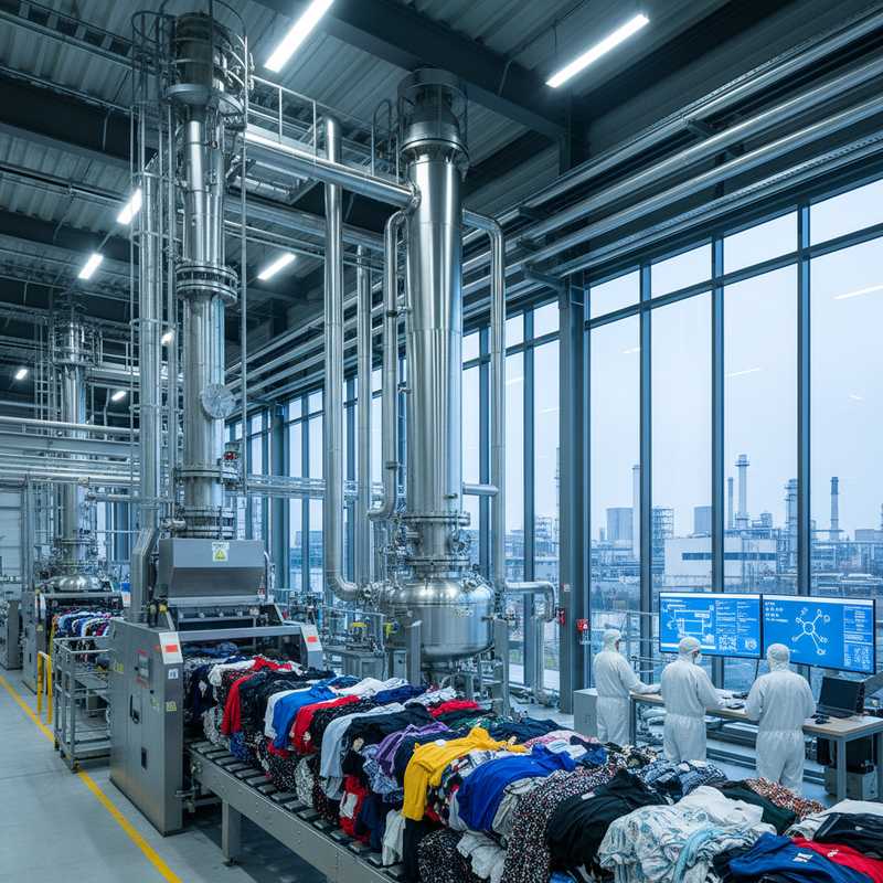 Moderne chemische recyclingfabriek met textielverwerking en industriële apparatuur voor polyester hergebruik