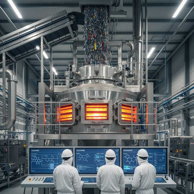 Industriële fluid bed reactor voor thermochemische textielrecycling met technicus bij bedieningspaneel en textielafval invoer