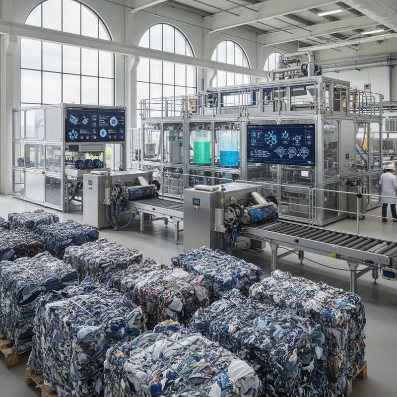 Industriële textielrecyclingfaciliteit met balen gemengd katoenrijk textielafval en moderne sorteer- en verwerkingsapparatuur