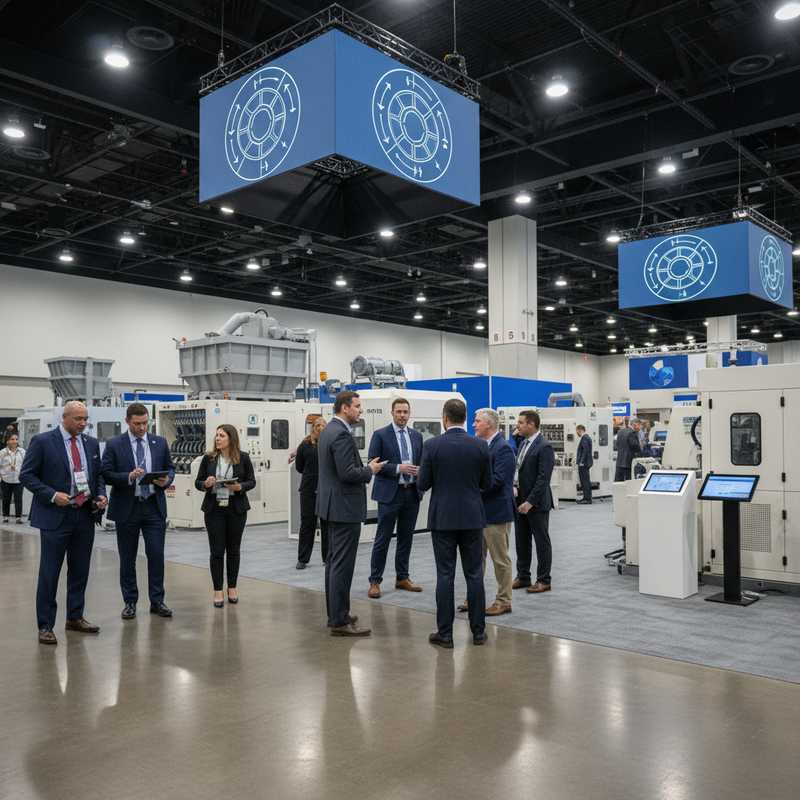 Beursvloer met textielrecyclingmachines en professionals in Charlotte Convention Center tijdens Textiles Recycling Expo USA 2026