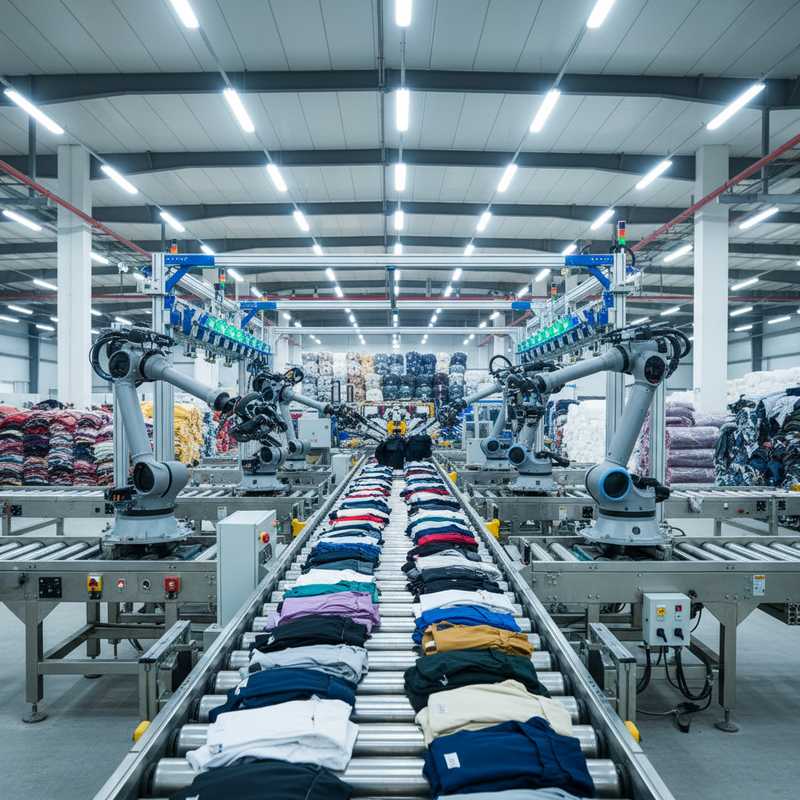 AI-gestuurde textielsorteer machine met transportband en gekleurde kledingstukken in Chinese recyclingfabriek