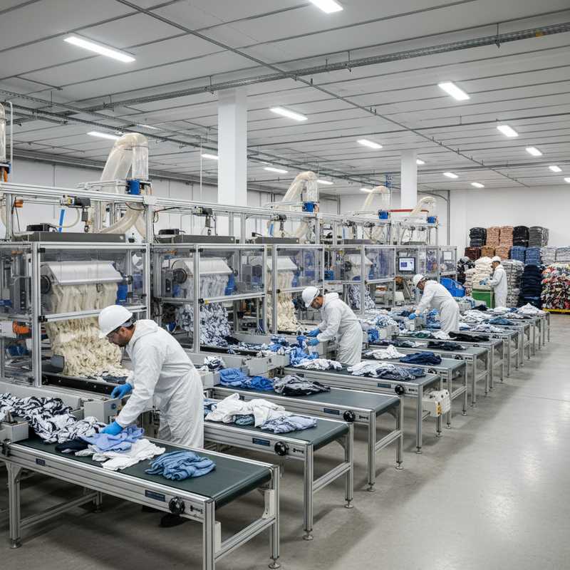 Moderne textielrecyclingfabriek met sorteer- en verwerkingsapparatuur voor textiel-naar-textiel recycling