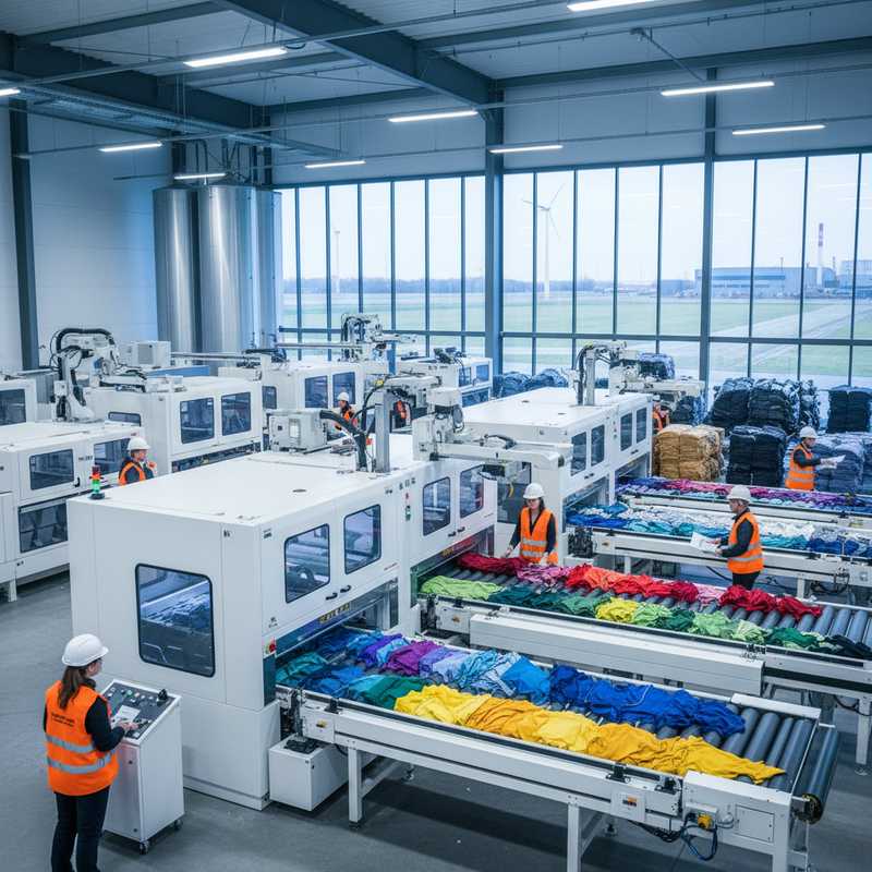 Medewerkers bedienen moderne textielsorteerinstallaties met transportbanden vol polyester textielafval in een Nederlands recyclingcentrum