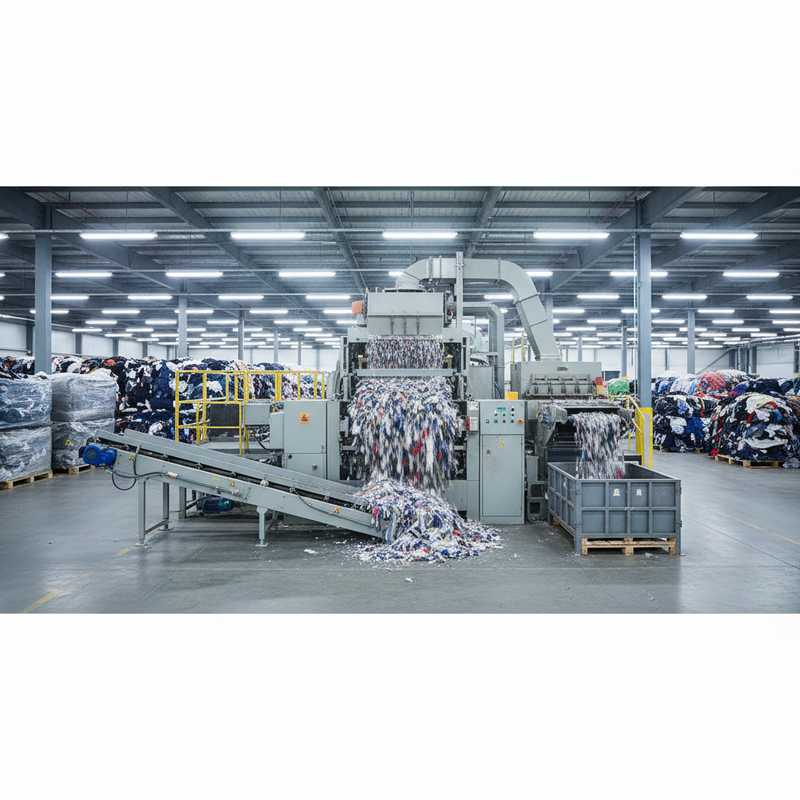 Industriële textielshredder in recyclingfaciliteit met balen gebruikte kleding op de achtergrond