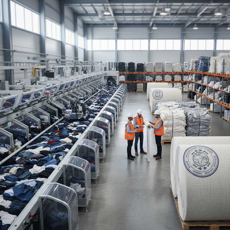Moderne textielsorteerinstallatie met gecertificeerde gerecyclede vezels en sorteermedewerkers