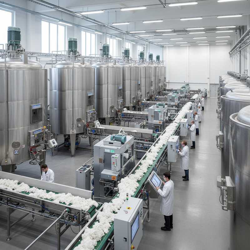Moderne chemische textielrecyclingfabriek met grote verwerkingstanks en transportbanden voor katoenpulp