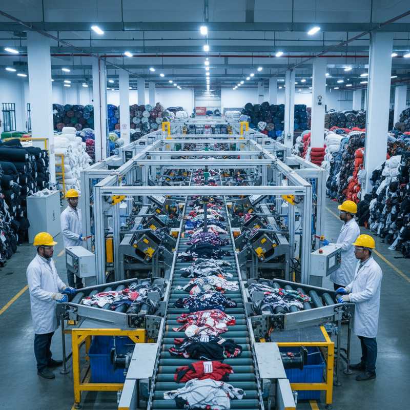 Moderne textielrecyclingfaciliteit in Bangladesh met sorteermachines en productieafval verwerking
