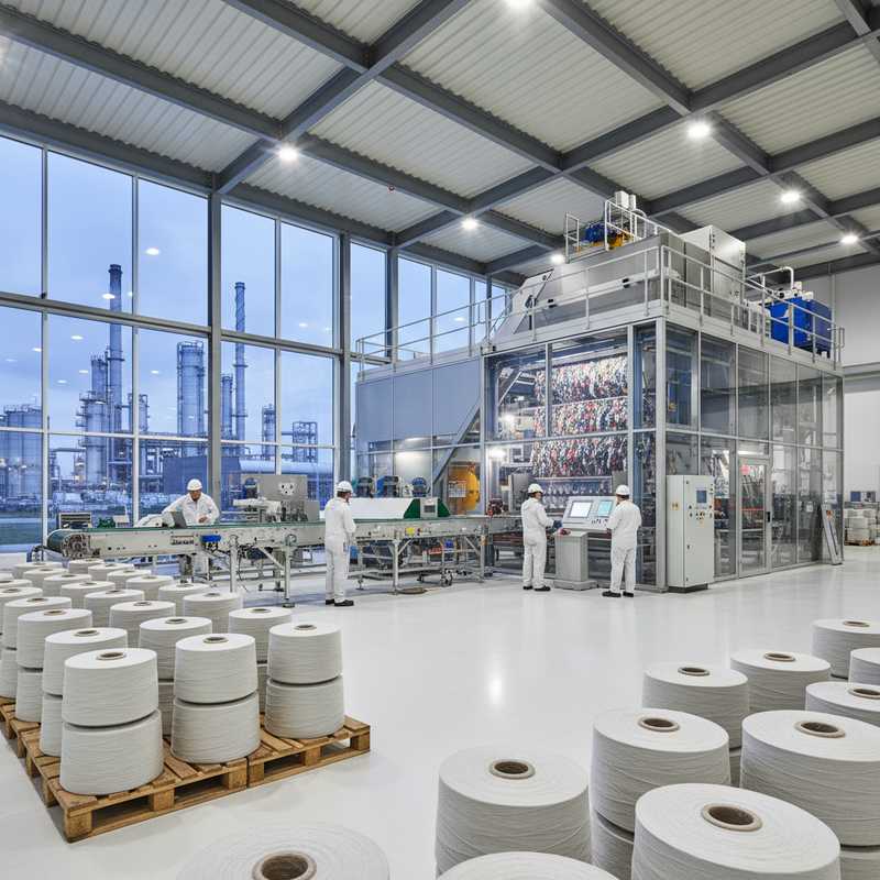 Moderne textielrecyclingfabriek met geautomatiseerde sorteersystemen en polyester vezelverwerkingsmachines