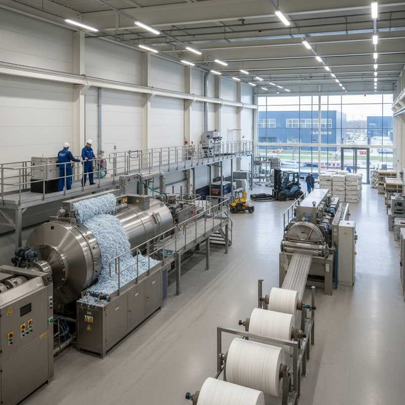 Interieur van moderne textielrecyclingfabriek met machines die polyestervezels verwerken tot geregenereerd materiaal