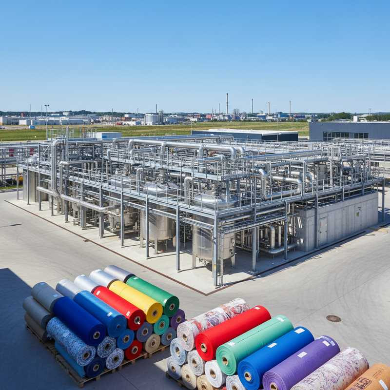Moderne industriële chemische fabriek met verwerkingstanks en polyester textielrollen voor recycling op Chemelot Industrial Park